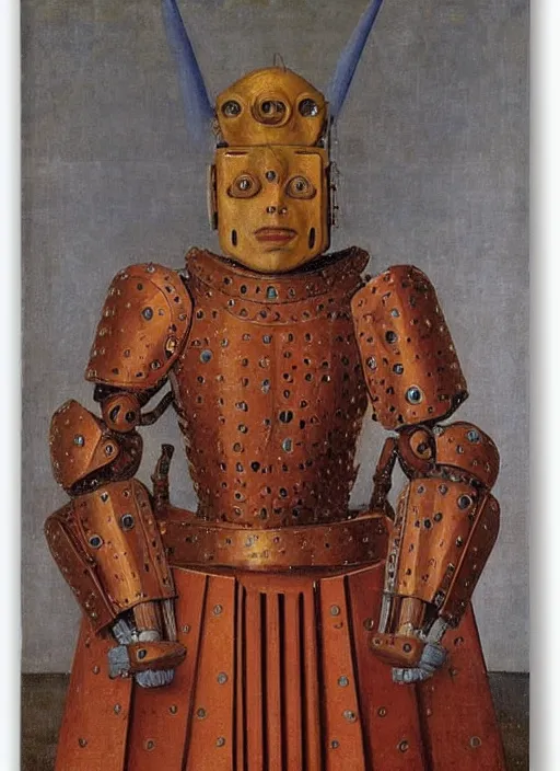 Image similar to a portrait of a warrior robot by Jan van Eyck