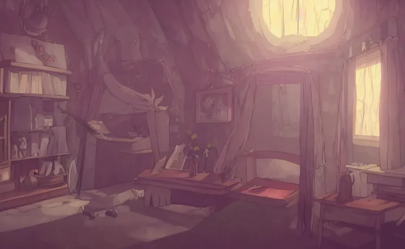 Image similar to a witch's room, crystal lights, mysterious atmosphere, cel - shading, cinematic, artstation, studio ghibli, miyazaki, highly details