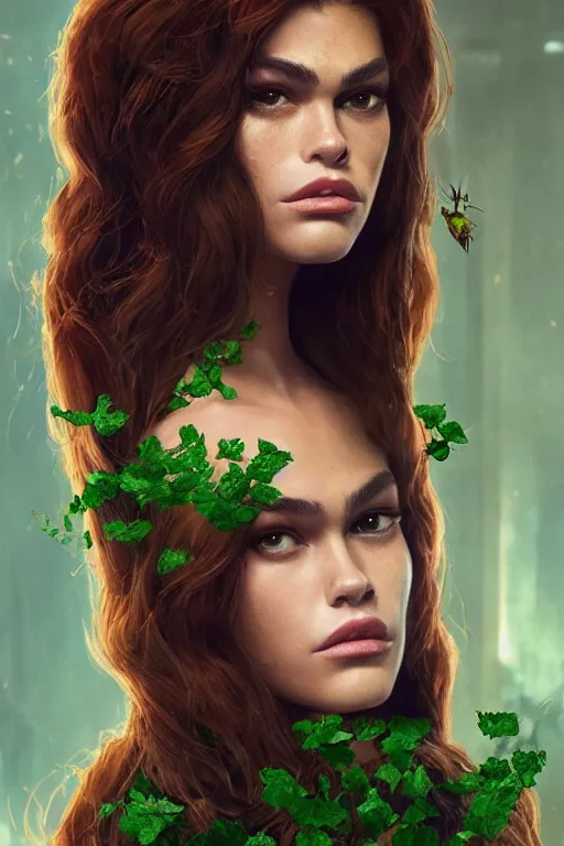 Prompt: Portrait of Kaia Gerber as a villain Poison Ivy kissing Robin, in Batman movie still cinematic, artstation, Greg rutkowski, UHD 8K