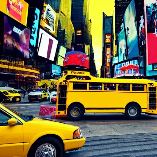 Image similar to yellow school bus being swallowed by giant snake, time square, cinematic, dramatic, film still