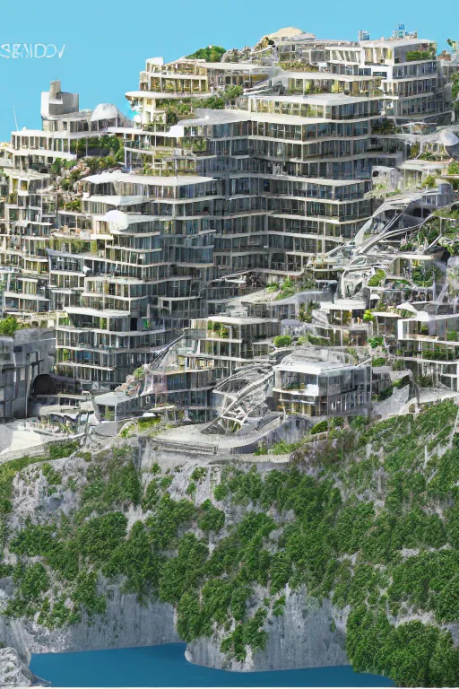 Prompt: 2 d autocad facade illustration of an awesome sunny day environment concept art on a cliff, steel and glass architecture by kengo kuma and wes anderson with village, residential area, mixed development, highrise made up staircases, balconies, full of glass facades, cgsociety, fantastic realism, artstation hq