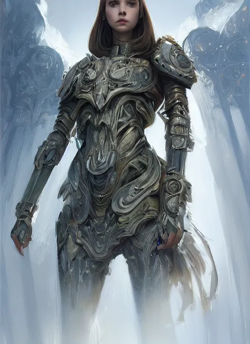 Image similar to a professional portrait of a beautiful young female, clothed in ethereal battle armor, olive skin, long dark hair, beautiful bone structure, symmetrical facial features, intricate, elegant, digital painting, concept art, smooth, sharp focus, finely detailed, illustration, from Valerian and the City of a Thousand Planets, in the style of Ruan Jia and Mandy Jurgens and Artgerm and Greg Rutkowski and William-Adolphe Bouguerea