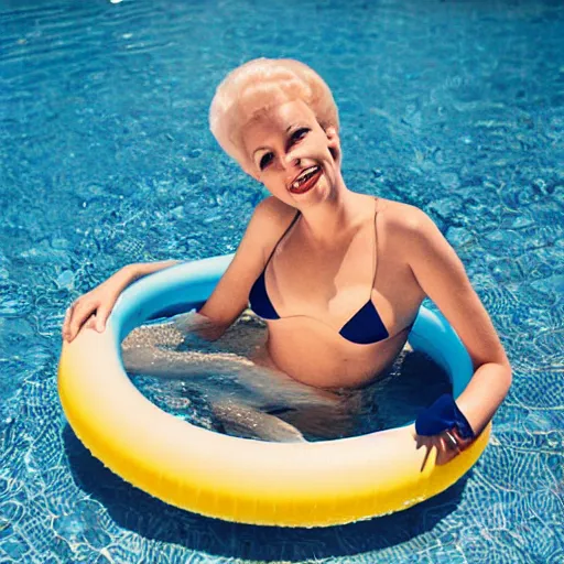 Prompt: Beautiful woman with retro blonde hair and makeup smiling at the camera and floating in a circular inflatable plastic raft, in a luxurious pool, wide shot, fuzzy polaroid photograph, 1960s, hyperrealism