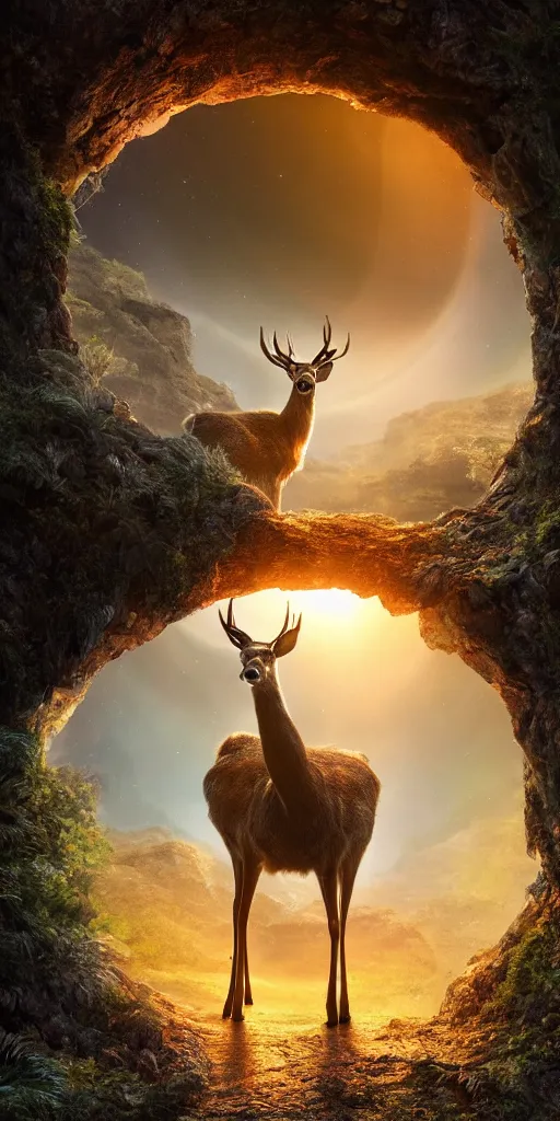 Image similar to a deer standing in front of a giant portal into the universe in the shape of a keyhole to the dimension of prisms, beautiful matte painting by weta workshop 4 k, cinematic dramatic atmosphere, dramatic lighting, trending on artstation
