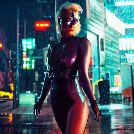Prompt: Cyber punk Margot Robbie standing in the street of a cybepunk city at night in the rain, detailed