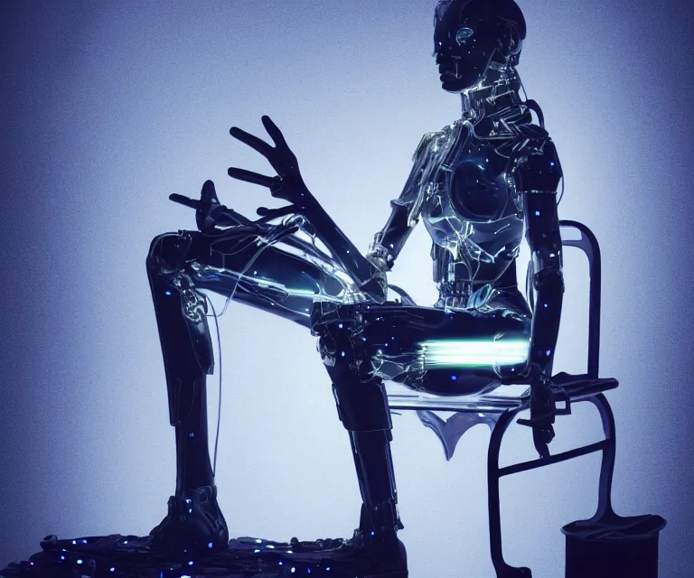 Image similar to semi - transparent glowing cyborg sitting on a metal throne, fantasy sci - fi, majestic lighting, metallic, 2 0 0 mm focus, bokeh