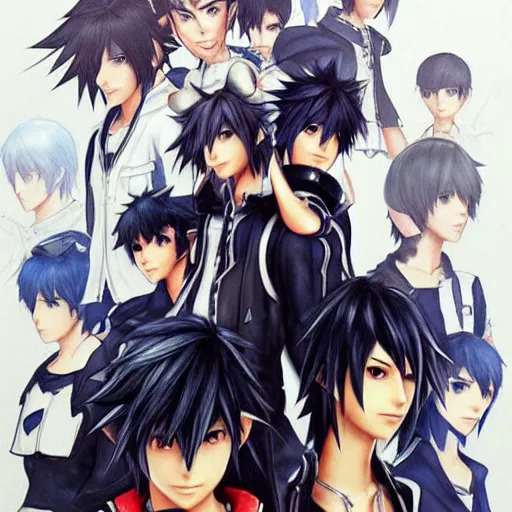 Prompt: a black haired boy with brown eyes. kingdom hearts concept art. Final fantasy Square enix. Tetsuya Nomura. By Shigenori Soejima.