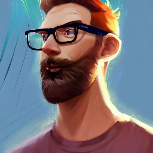 Prompt: Athletic Man in his 30s, dark blond and salt-and-pepper hair with a beard, thick dark glasses, blue eyes, big nose, wearing stripe shirt, jean and multicolor shoes, digital painting, 4k, anime key visual, rays of light, artstation, kuvshinov ilya, landscape by Noah Bradley