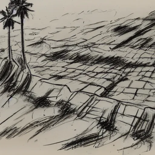 Image similar to milt kahl sketch of world war 1 trenches with the city of miami in the background