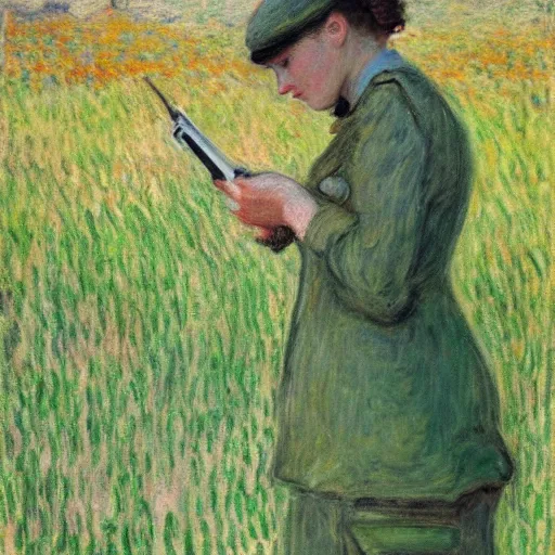 Image similar to a female soldier holding a a stapler to her own head and looking depressed by monet realistic, high details