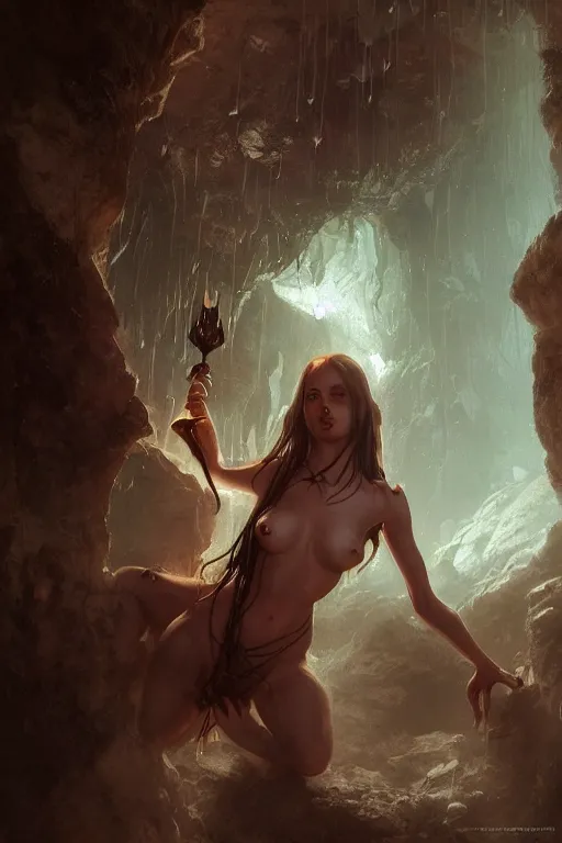 Prompt: a gorgeous succubus in a cave, flawless symmetrical face, greg rutkowski, 8 k, shallow depth of field, intricate detail, concept art,
