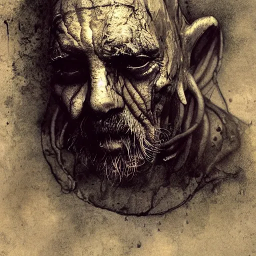 Image similar to wet collodion photography of innsmouth dweller mutant early xx century fisherman sailor old man with gills and scales creatures from the deep ocean by emil melmoth zdzislaw beksinki craig mullins yoji shinkawa realistic render ominous detailed photo atmospheric by jeremy mann francis bacon and agnes cecile ink drips paint smears digital glitches glitchart