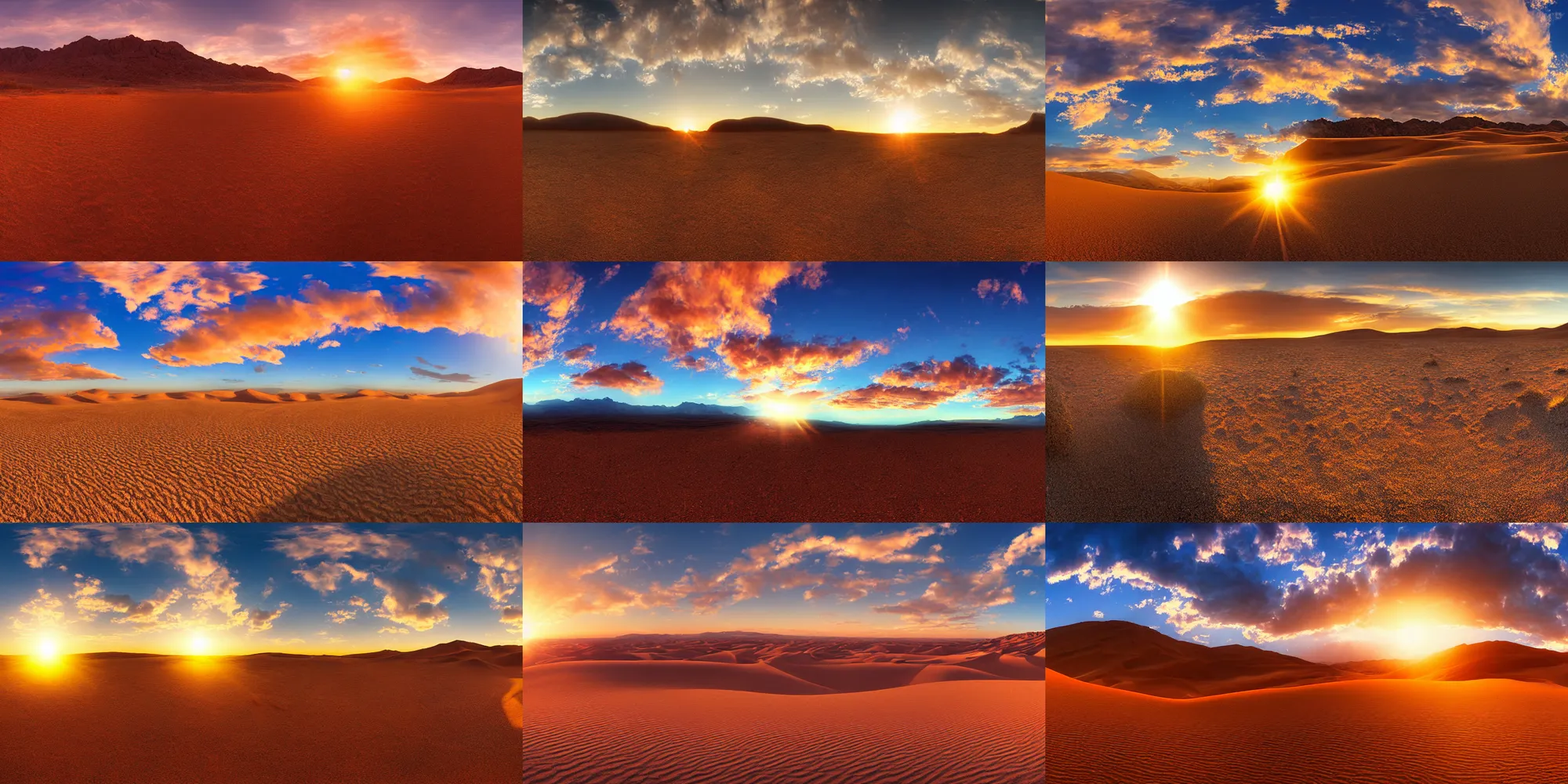 Prompt: digital art, a sidescroll game panorama of a desert, very stylized, gradients and soft light, lens flare, sunset, light glow