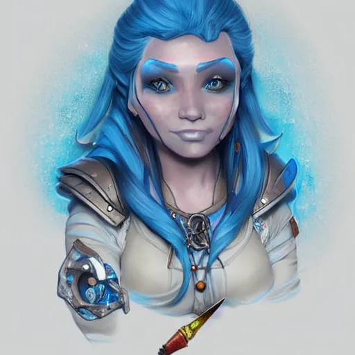 Prompt: Detailed portrait of dnd 5e female gnome Artificer with blue hair, tattooed, artstation realism