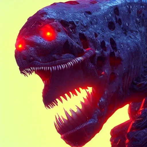 Prompt: A biopunk tyrannosaurus with glowing red eyes, bioluminescence, volumetric lighting, 8k, octane render, by Beeple and feng Zhu, trending on ArtStation