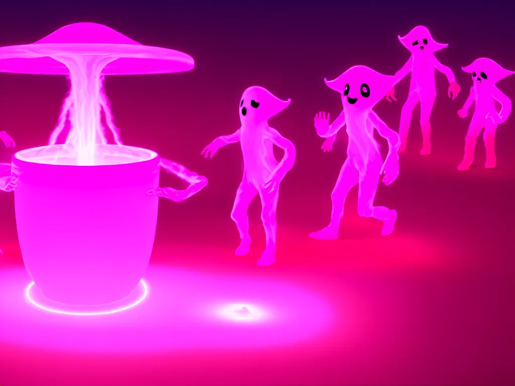 Prompt: ghosts and spirits surrounding a glowing neon pink cauldron hd render