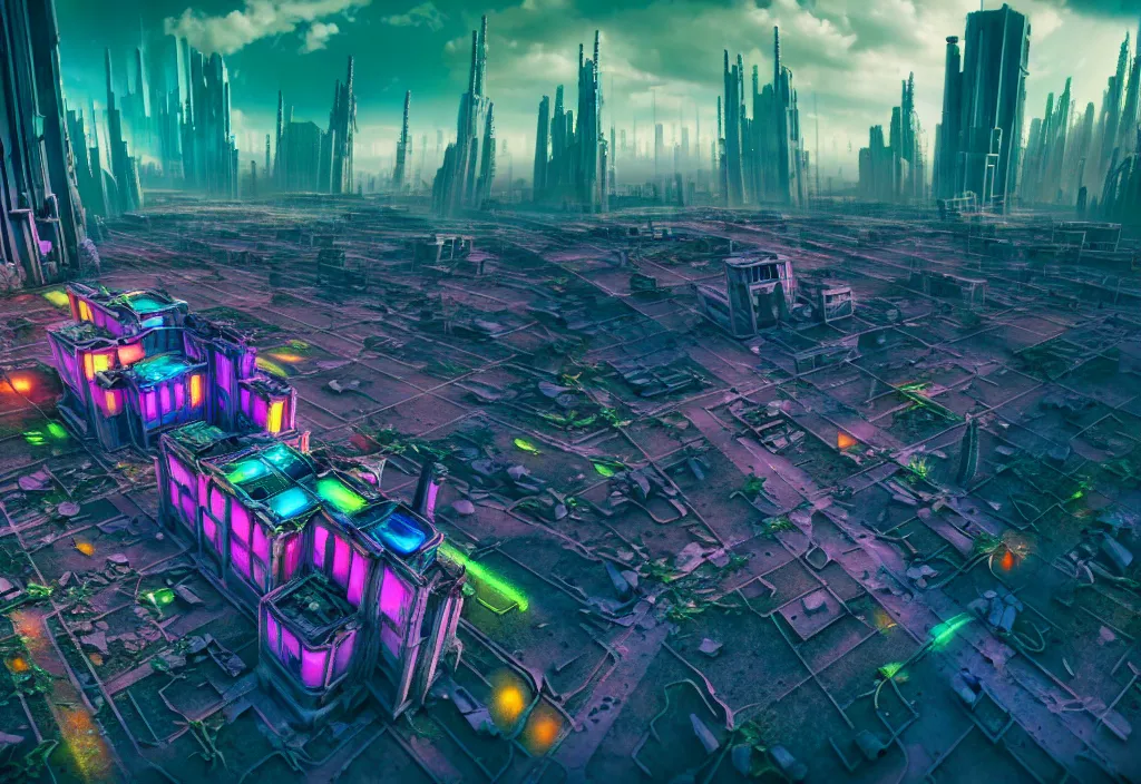 Prompt: A highly detailed crisp unreal engine render of aerial drone photo of A beautiful futuristic cyberpunk abandoned city building with neon, plants, perfect well made rainbow on the sky, sunlight breaking through clouds, debris on the ground, abandoned machines bright warm colors by wangchen-cg, 王琛,Neil blevins, artstation, Isometric japanese city, volumetrics, 3d render, octane render, Gediminas Pranckevicius