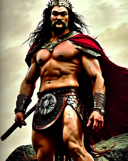 Image similar to beautiful portrait oil painting, jason momoa conan the barbarian thor standing on a rocky hill, wearing a warrior king crown and royal crimson fantasy ornate spartan dragon scale armor, muscular!!!, action pose, frank frazetta, boris vallejo, greg rutkowski, beautiful cinematic light, low angle, greg rutkowski, high contrast