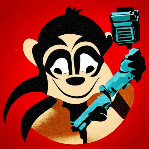 Image similar to “ logo of a monkey in the style of zootopia holding laser gun, with a black background, digital art, award winning, trending on art station, retro style ”