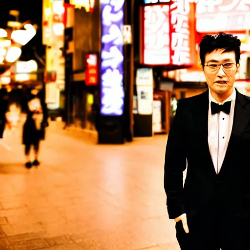 Prompt: night portrait of an good looking adult asian man wearing a tuxedo in the streets of akihabara, depth of field bokeh, award winning photo, color graded, soft focus, high detail, sigma lens 7 0 mm