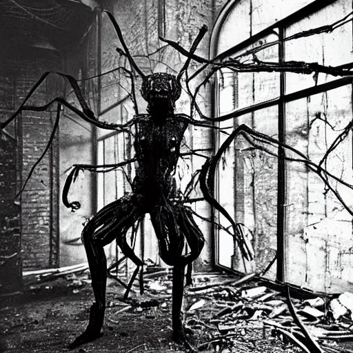 Image similar to 1860 photo of an ancient fractal spider-woman-demon on an abandoned factory on the middle of a forest, spooky , devouring the human soul, veins, arteries, intricate, golden ratio, full frame, microscopic, elegant, highly detailed, ornate, ornament, sculpture, elegant , luxury, beautifully lit, ray trace, 3d, PBR