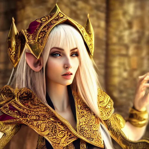 Image similar to beautiful elf with ornate robes, highly detailed, 8k, HDR, smooth, sharp focus, hyper realistic, high resolution