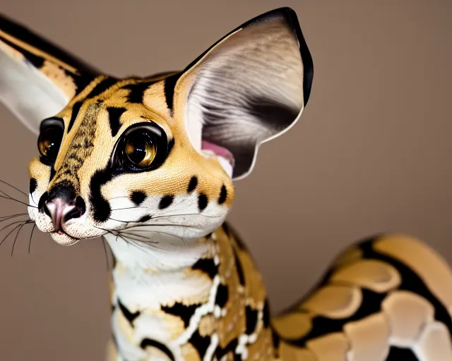 Image similar to an award winning photo of a serval - headed ball python, legless!!!!!!!!!, environmental portrait photography, national geographic, 4 k, sharp focus