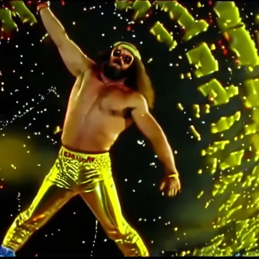 Image similar to Macho Man Randy Savage falling from space. Reentry burn, outer space, elbow drop, Extreme wide shot, long shot, High Quality, 4k