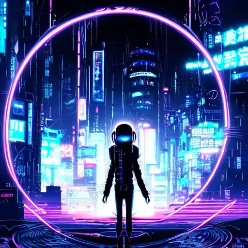 Prompt: Perfect circle portal leading to a vast neon cyberpunk Tokyo in style of Tsutomu Nihei. Cyberpunk, vertical symmetry, 8K, Highly Detailed, Intricate, Vivid.