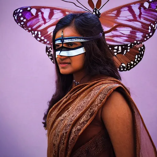 Prompt: medium shot of a brown south asian woman wearing a butterfly armor. eyes covered with butterfly wings. soft. ethereal. fragile. translucent. layers. reflective. intricate. super detailed. very coherent. face in focus. award winning. extremely photorealistic