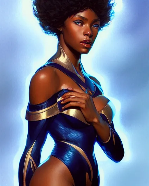 Image similar to Portrait of very very very very very very beautiful black woman, spacesuit, blue eyes, real life skin, intricate, elegant, highly detailed, artstation, concept art, smooth, sharp focus, art by artgerm and greg rutkowski and alphonse mucha