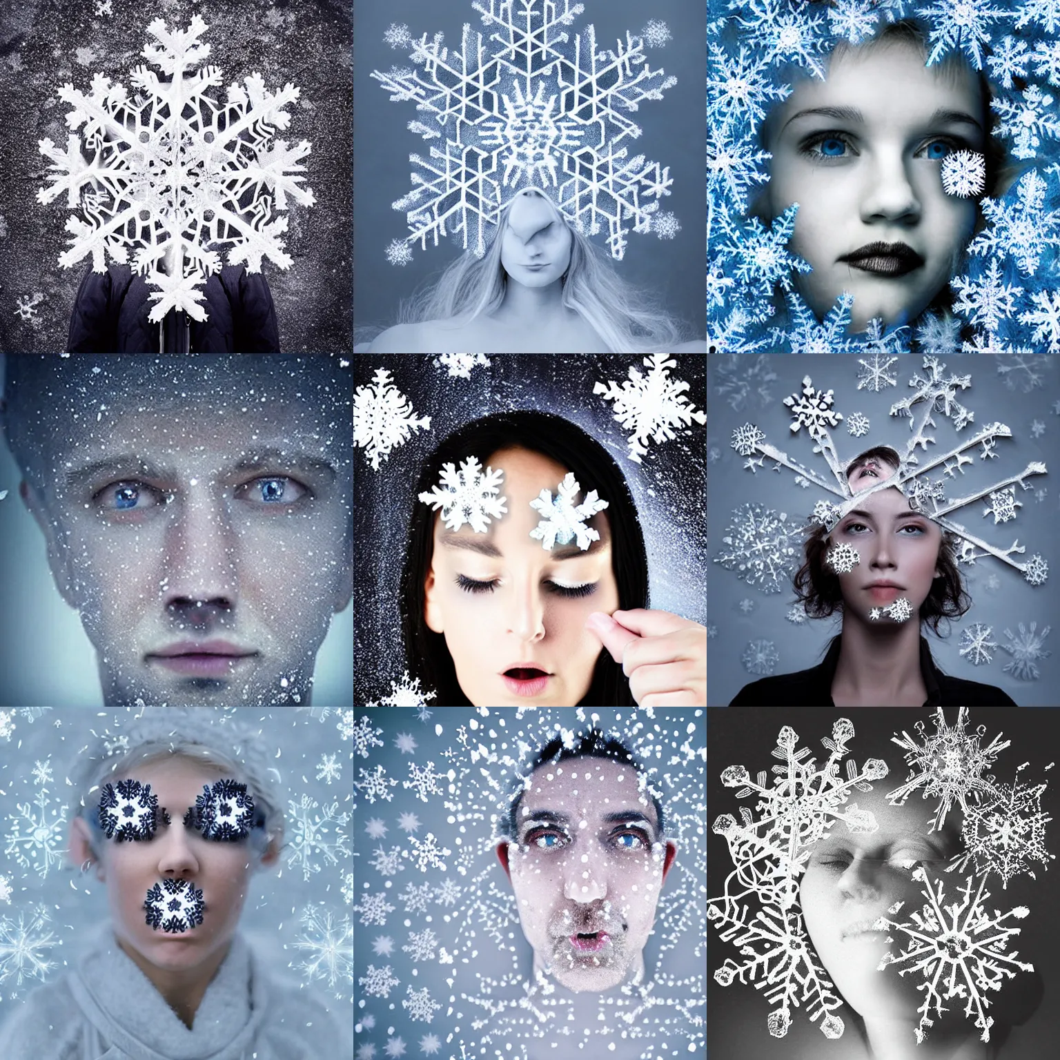 Prompt: surreal photography snowflakes with human faces