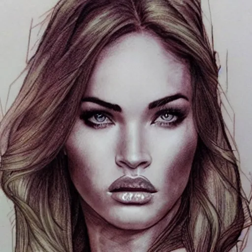 Image similar to realism tattoo sketch of double exposure megan fox with beautiful mountain scenery, in the style of andrey lukovnikov