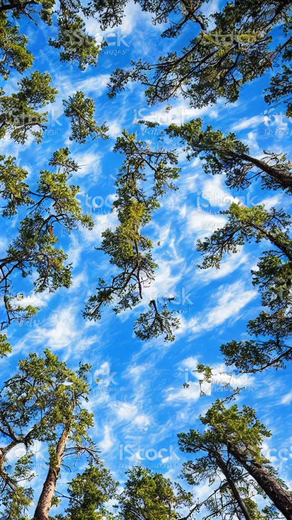 Prompt: beautiful sky with tons of aligned trees, epic stock photo