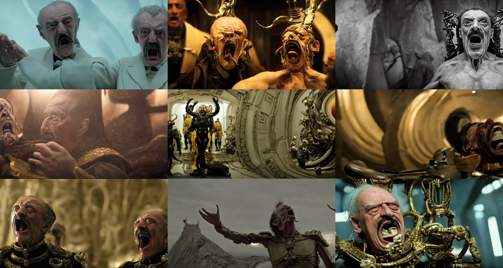 Prompt: the extreme long shot of screaming salvador dali in the role of emperor | still frame from the prometheus movie by ridley scott with cinematogrophy of christopher doyle, arri alexa, anamorphic bokeh and lens flares, 8 k, higly detailed masterpiece