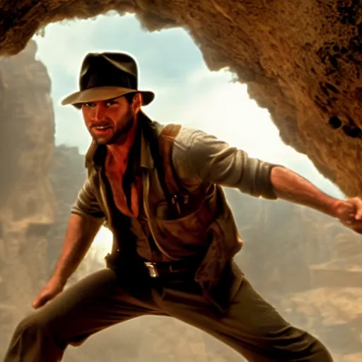 Prompt: indiana jones movie, running away from a builder in a cave