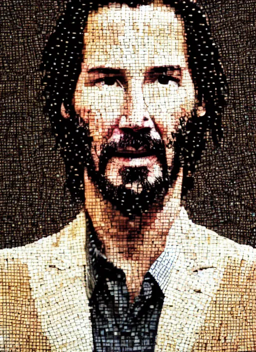 Image similar to a photorealistic mosaic of keanu reeves made of quinoa seeds. octane render. highly detailed