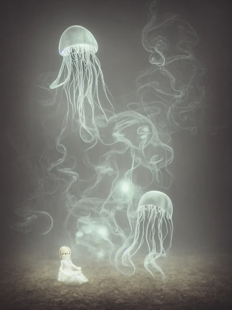 Image similar to cute fumo plush beautiful chibi ectoplasmic gothic skeletal jellyfish ghost girl, glowing milky wisps of hazy smoke and volumetric fog on a heavy rainstormy reflective river in the falling rain, lens flare, subsurface scattering, vignette, asymmetry, bokeh, refraction, vray