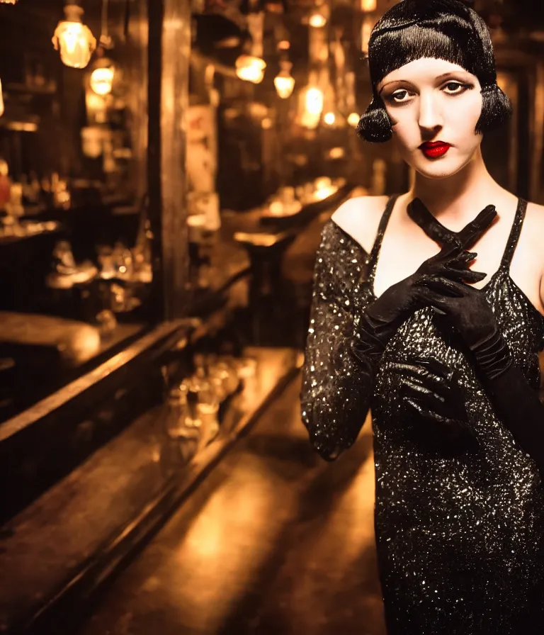 Image similar to shot of a 1 9 2 0 s short - haired flapper woman in black satin gloves looking at the camera, at a party in a dimly lit speakeasy bar, jazz age, precise, wide shot, cohesive, art deco, cinematic, low - lighting, photography