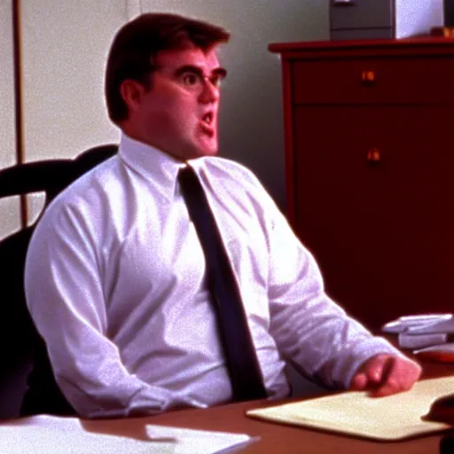 Prompt: clean - shaven chubby white man wearing a shirt and necktie sitting at a desk making a goofy face, 1 9 8 9 movie still, cinematography, cinematic lighting