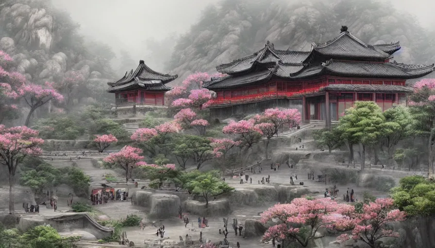 Image similar to magnificent city in ancient china in late spring, flowers will fade, some fog, realistic style, high details, scene concept., trending on artstation