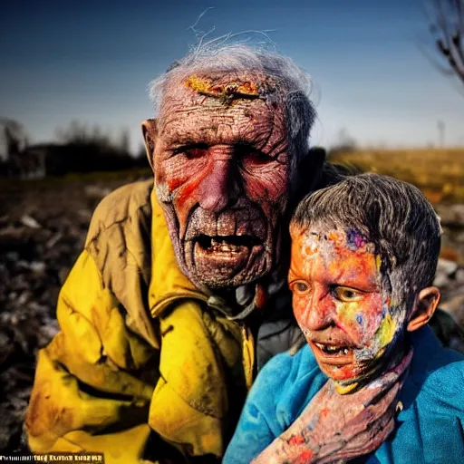 Prompt: selfie of the last surviving ukrainian with children, wild pain and damage to the body burns alive to the bone, painted in dirty yellow - blue colors, a huge nuclear explosion is approaching in the background