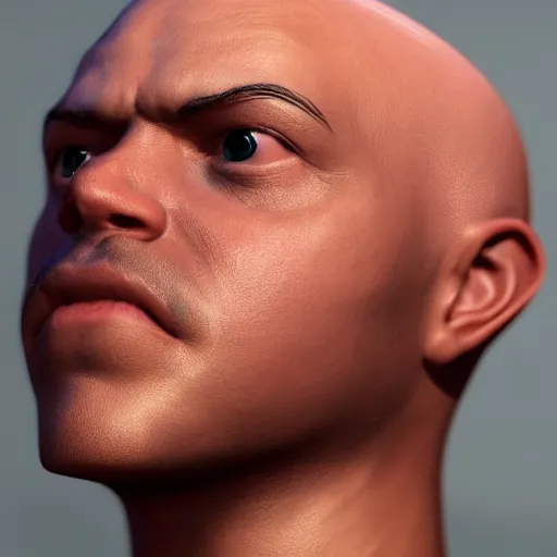 Prompt: a close up of a person with a bald head, a character portrait by Pogus Caesar, cgsociety, afrofuturism, rendered in unreal engine, unreal engine 5, unreal engine