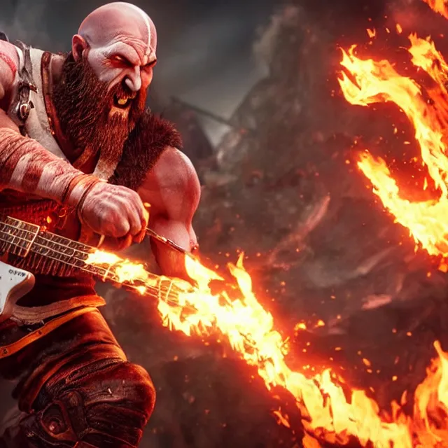 Prompt: kratos shredding on a flaming stratocaster guitar, cinematic render, god of war 2 0 1 8, santa monica studio official media, lightning, stripe over eye