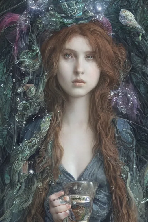 Image similar to An extremely beautiful pre-raphaelite portrait of a cute witch, surreal, ultradetailed, intricate, elegant, digital art painting, artstation, concept art, smooth, sharp focus, illustration, regal, award winning picture, extremely detailed masterpiece, sense of awe, featured on artstation, Artgerm, effervescent punk kawaii-noir pastel bubbles, winning award piece, ethereal rainbows, Aetherpunk, low-key neon lightning, stormy weather, Exquisite details, 8K detail post-processing