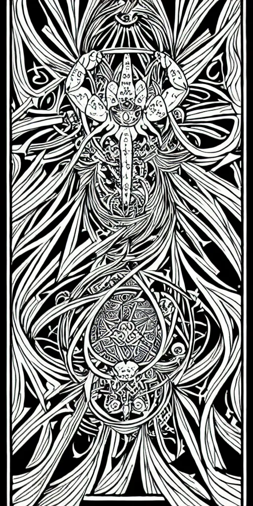 Prompt: a beautiful black and white fractal tarot card featuring bold occult imagery with clean lines. crab demon. detailed adult coloring book