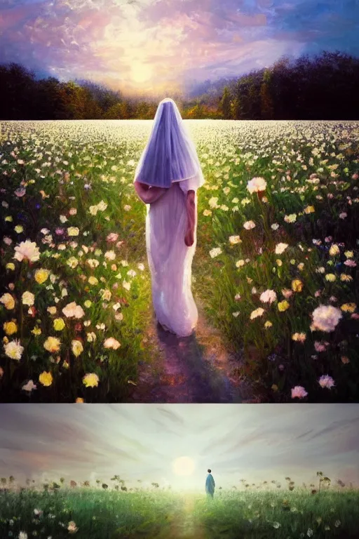 Prompt: giant white flower crown as head, veil girl walking in a flower field, surreal photography, sunrise, dramatic light, impressionist painting, colorful clouds, digital painting, artstation, simon stalenhag