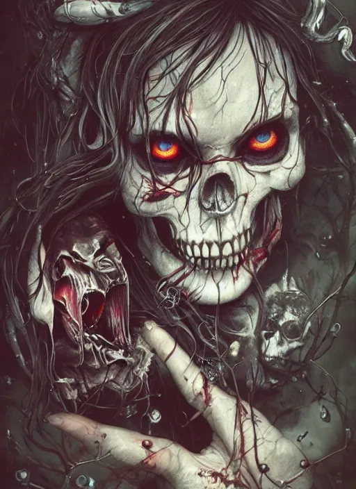 Prompt: Angry Alice in Wonderland, Death Tarot card,highly detailed,half skull face,cinematic,8k,by Stanley Artgermm,Tom Bagshaw,Greg Rutkowski,Carne Griffiths, Ayami Kojima, Beksinski, Giger,trending on DeviantArt,hyper detailed,horror, full of colour