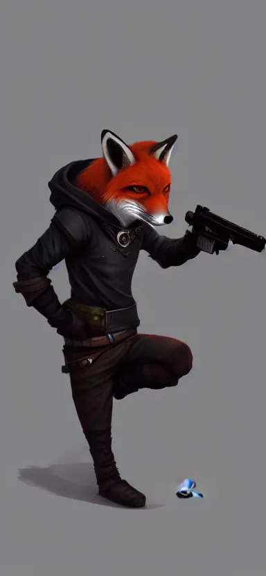 Image similar to a league of legends concept art of an anthropomorphic red fox in a black hoodie with scar on a face holding a gun, front view, artstation, digital art, oc commission, style by jordan grimmer and greg rutkowski, 4 k resolution