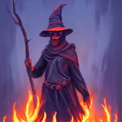 Image similar to male witch stands on a fire burning pyre, surrounded by flames, artstation